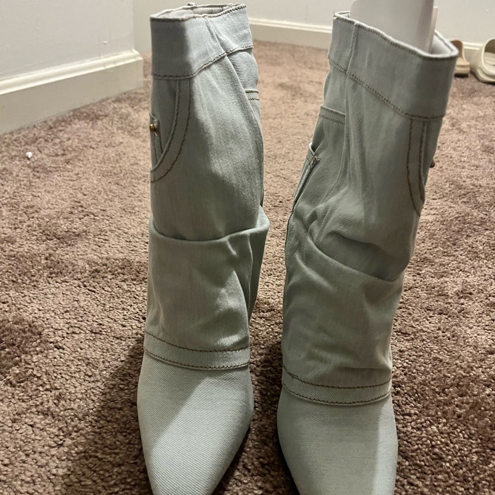 Fashion Nova Light Blue Denim Heeled Boots